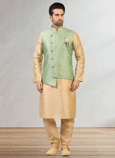 Green Colour New Festive Wear Jacquard Banarasi Silk Digital Print Kurta Pajama With Jacket Mens Collection 1064